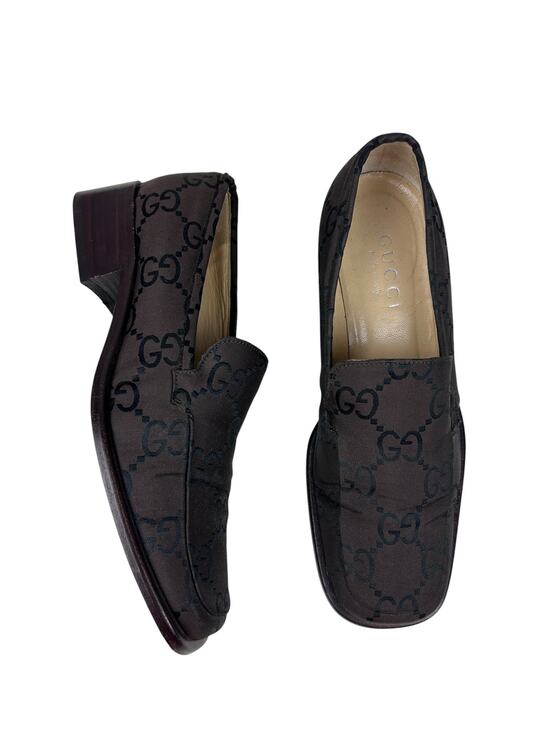 Gucci Shoes - Gucci GG Black Monogram Brown Square Toe Heeled Loafers 5.5